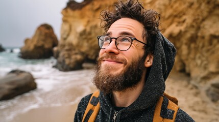 Man with glasses and beard enjoying a scenic coastal view on a cloudy day