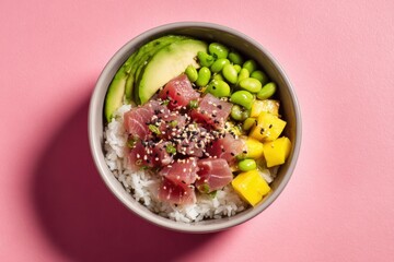 Colorful Poke Bowl with Tuna, Edamame, Mango, and Rice on Pink Background