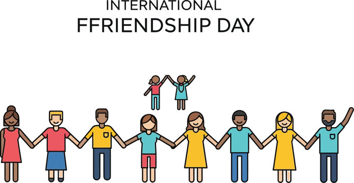 Illustration of international friendship day with diverse people holding hands in a line on white background