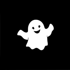 Happy Ghost on Black: A cheerful monochrome illustration of a smiling ghost, perfect for Halloween, showcasing a simple yet expressive line art style.