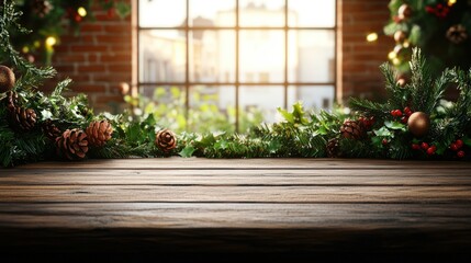 Festive Christmas decorated green garland with pinecones and ornaments hanging in cozy room with brick wall and large window