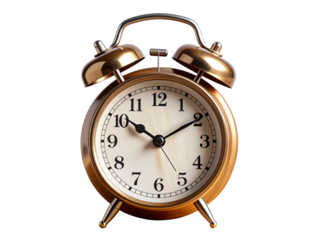 Classic Analog Alarm Clock on Wooden Surface with Morning Light, Transparent Background.