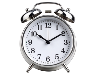 Classic Round Alarm Clock with Twin Bells and Metal Finish, Transparent Background.