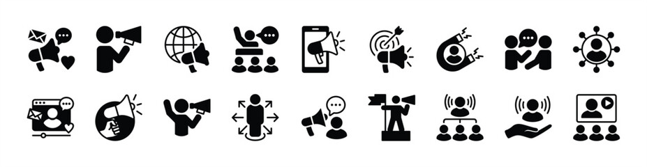 Megaphone influence icon vector set. Contains social media, leadership, influencer, advertising, communication, digital marketing target, campaign, content, brand awareness. Illustration