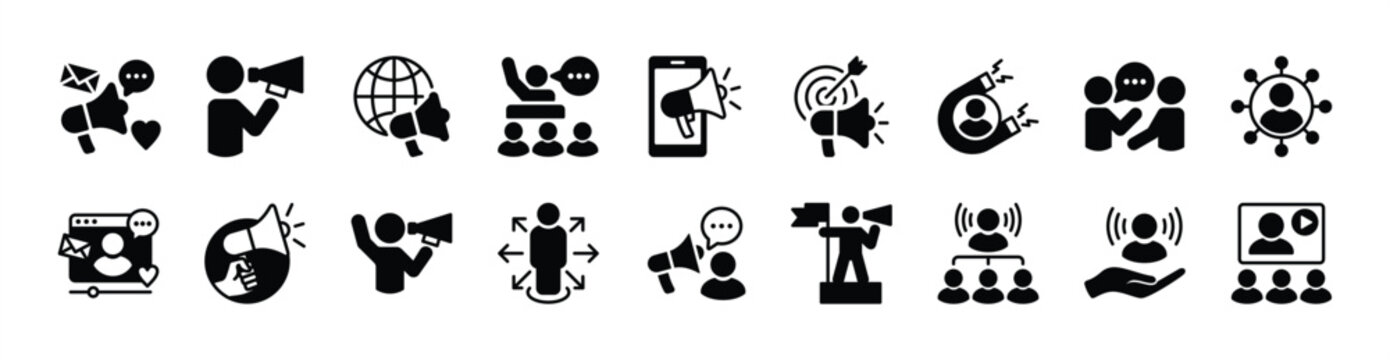 Megaphone influence icon vector set. Contains social media, leadership, influencer, advertising, communication, digital marketing target, campaign, content, brand awareness. Illustration