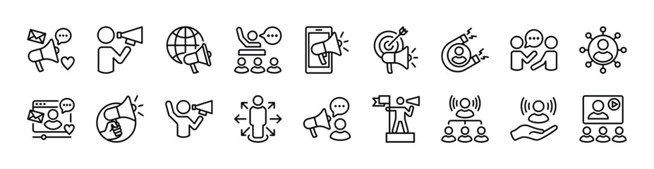 Megaphone influence icon set. Contains social media, leadership, influencer, advertising, communication, digital marketing target, campaign, content, brand awareness. Vector illustration
