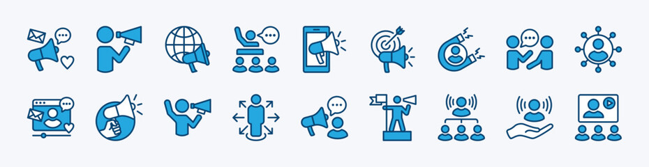 Set of megaphone influence icon. Contains social media, leadership, influencer, advertising, communication, digital marketing target, campaign, content, brand awareness. Vector illustration