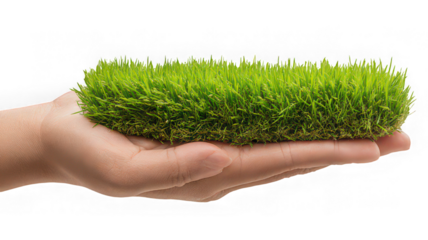 Hand holding green grass turf isolated on transparency background