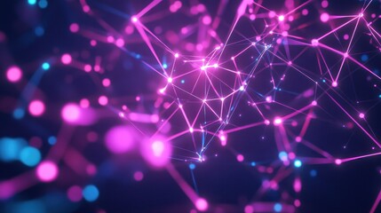 Abstract network background with glowing nodes and connections in pink and blue. Represents concepts like data, technology, science, and future trends.