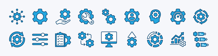 Set of gear setting and setup icon vector. Contains configuration, option, operation, optimization, engineering, equalizer, customization, repair, cogwheel, maintenance, system, panel, update