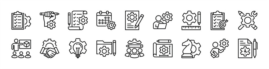 Project management icon set. Clipboard task checklist document. Strategy, idea, development, time, plan, schedule, cooperation, target, blueprint, creativity, meeting. Vector illustration