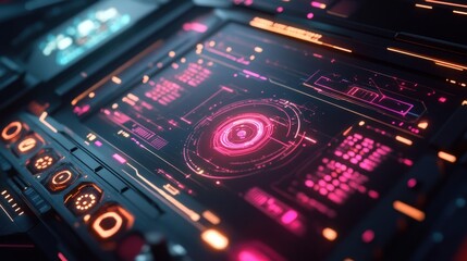 Futuristic control panel with glowing buttons, screen displays, and intricate details. Technology interface with digital information and complex systems for modern design concepts.