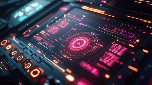 Futuristic control panel with glowing buttons, screen displays, and intricate details. Technology interface with digital information and complex systems for modern design concepts.