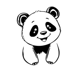 Happy Panda Cub: A cute monochrome line art illustration of a playful panda bear cub, showcasing its adorable features and cheerful expression.