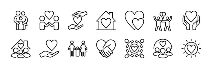 Family care and support icon vector set. Contains love, household, mother, father, children, friendship, togetherness, happy, handshake, hug, solidarity, human relationships, volunteer. Illustration