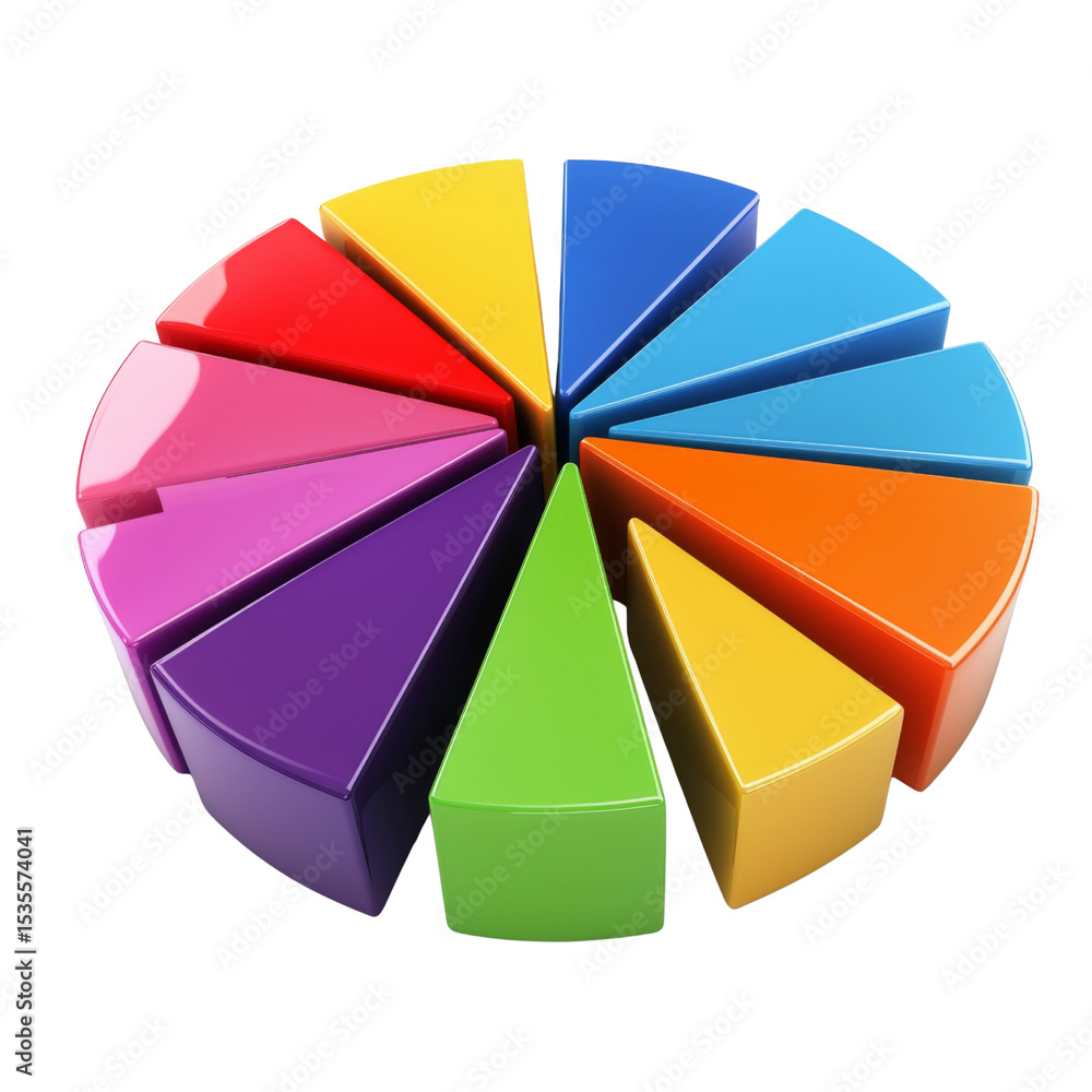 Poster Colorful pie chart segments in circular arrangement, representing data visualization and analysis. This vibrant design showcases various colors, ideal for presentations and infographics