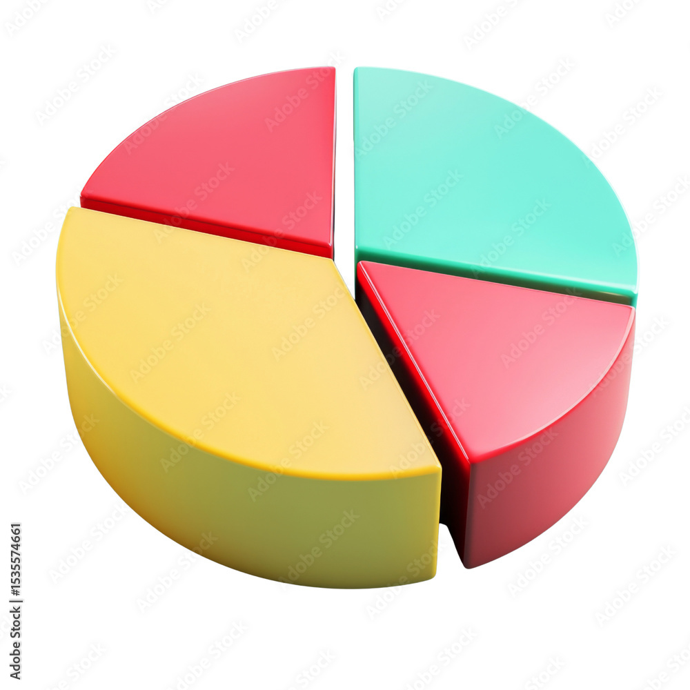 Poster colorful pie chart with segments in red, yellow, green, and blue, representing data visualization an