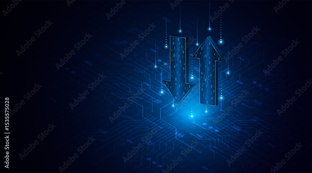 Poster abstract up and down arrows on dark blue background. the concept of digital traffic or exchange. bus