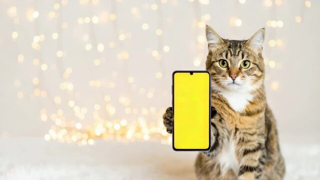Adorable cat holding a blank screen and a bright yellow phone in a playful indoor setting