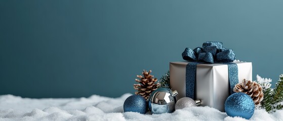 Festive holiday scene with wrapped gift boxes pinecones blue ornaments and snow on a snowy surface
