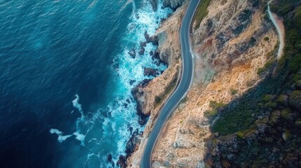 Coastal Highway Serenity: Aerial View of Pacific Coast Road Meeting the Sea