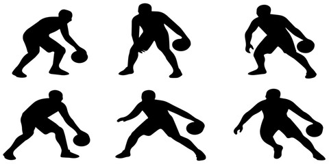 Obraz premium Vector image displaying six silhouettes of basketball players performing dribbling actions, emphasizing dynamics and athleticism