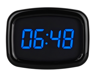 Modern Digital Alarm Clock with Blue LED Display on Glossy Black Surface, Transparent Background.