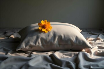 Soft pillow with yellow flower on bed sheets in natural light  
