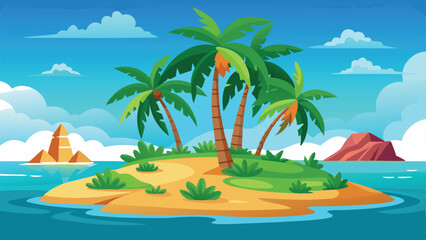 Cartoon Tropical Island with Palm Trees, Green Vegetation, Blue Sea, and Distant Mountains