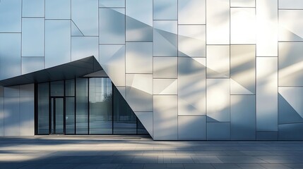 Modern building facade with metal panels and glass entrance