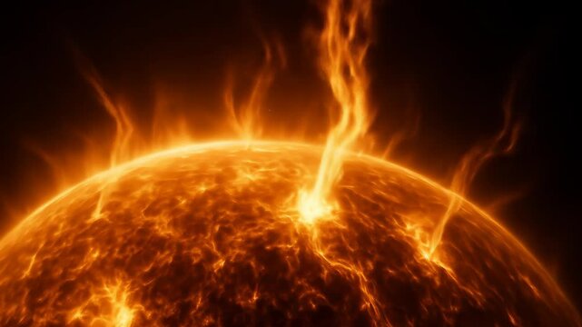 Close up view of the sun with solar flares and prominences erupting from its fiery surface. Astronomy, cosmos, cosmic plasma, footage.
