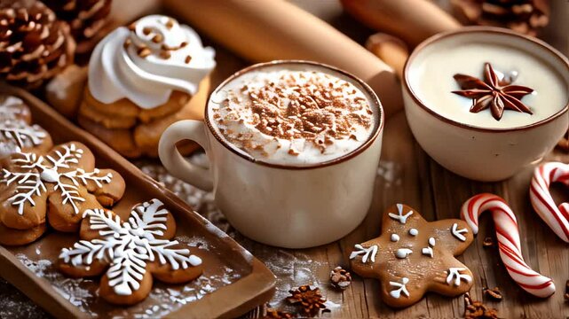 Cookies and cookies on a table with a cup of coffee christmas background