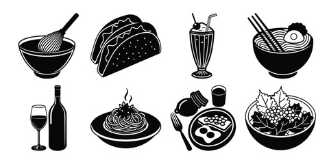 set of different foods and deinks on white background
