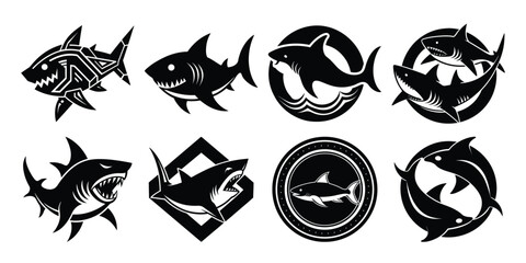 tribal shark set silhouette on white background