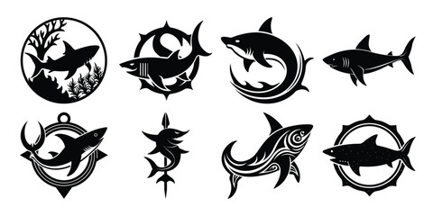 set of black and white shirk iconic logo silhouette