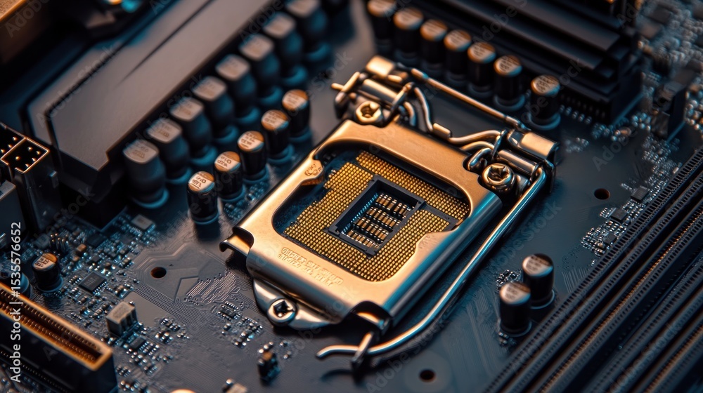 Poster close-up of a motherboard cpu socket showcasing modern technology components