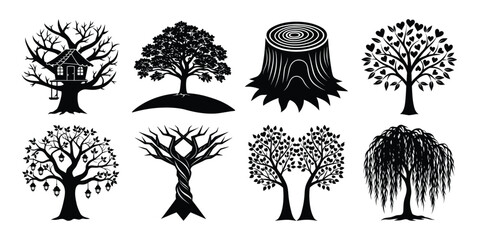 set of trees silhouettes on white background