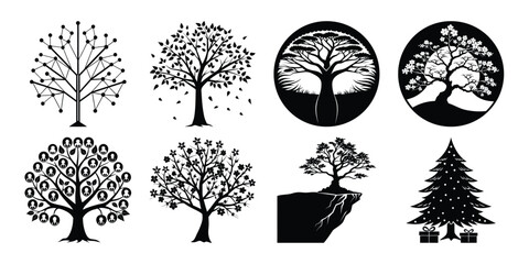 set of trees silhouettes on white background