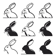 Fototapeta premium Collection of bunny head silhouettes in various styles suitable for easter or spring designs