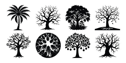 set of trees silhouettes on white background