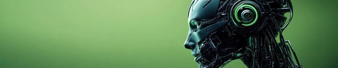 a cyborg head on green background