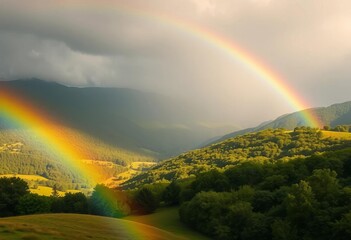 Obraz premium Bright, sunlit valley after rain; rainbow arcing over lush green hills and trees, hills, pastoral