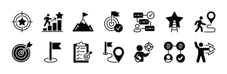 Action plan target and goal icon vector set. Contains progress, achievement, strategy, mountain peak, step, workflow, objective route, checklist task, guidance, direction, success. Illustration © Vilogsign
