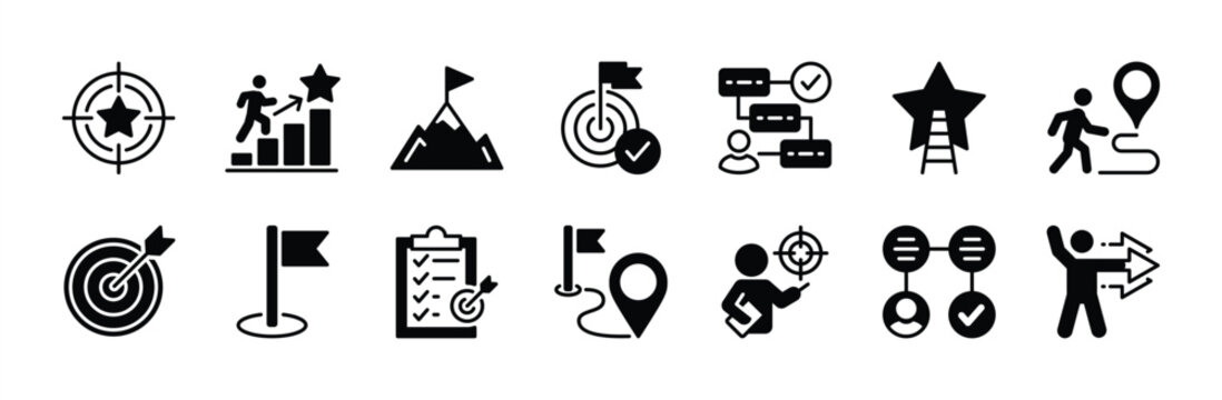 Action plan target and goal icon vector set. Contains progress, achievement, strategy, mountain peak, step, workflow, objective route, checklist task, guidance, direction, success. Illustration
