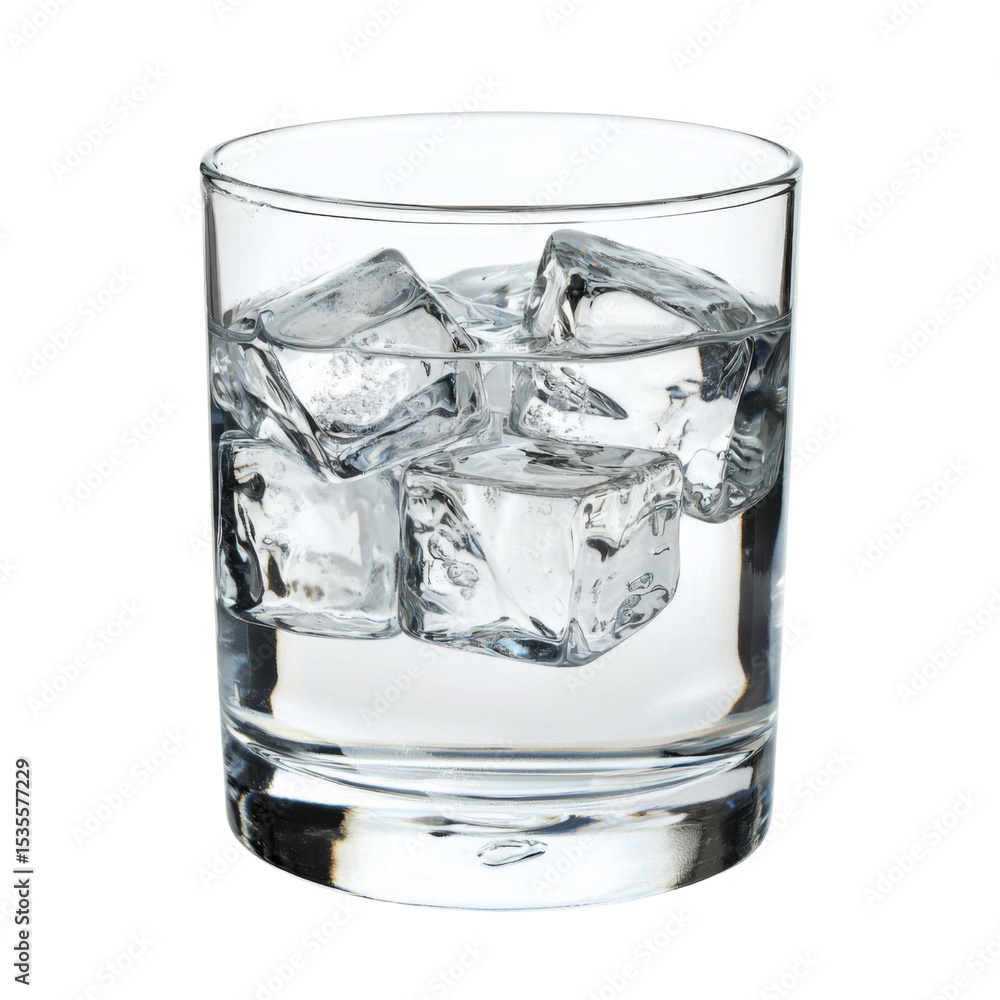 Poster clear glass filled with ice cubes, showcasing refreshing drink. ice glistens in light, creating cool