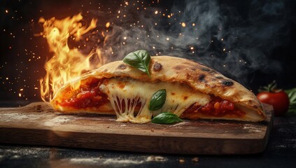 Fiery Calzone on Wooden Board: A mouthwatering calzone, with melted cheese oozing out, sits on a rustic wooden board, next to fresh basil, set ablaze with a captivating fire effect.