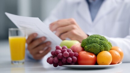 Healthy lifestyle is essential for well-being. A nutrition expert reviews a paper while holding a variety of fresh fruits and vegetables. Focus on health and wellness. AI