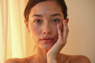 Naklejka premium Close-up Portrait of a Natural Beauty Woman with Clear Skin and Warm Light