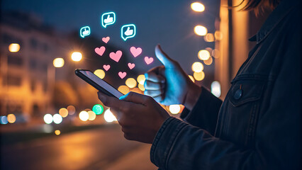 Woman uses her phone at night in the city, receiving many likes and hearts