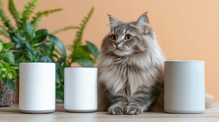 Adorable fluffy gray tabby cat sitting next to white modern smart speakers and lush green plants on light background